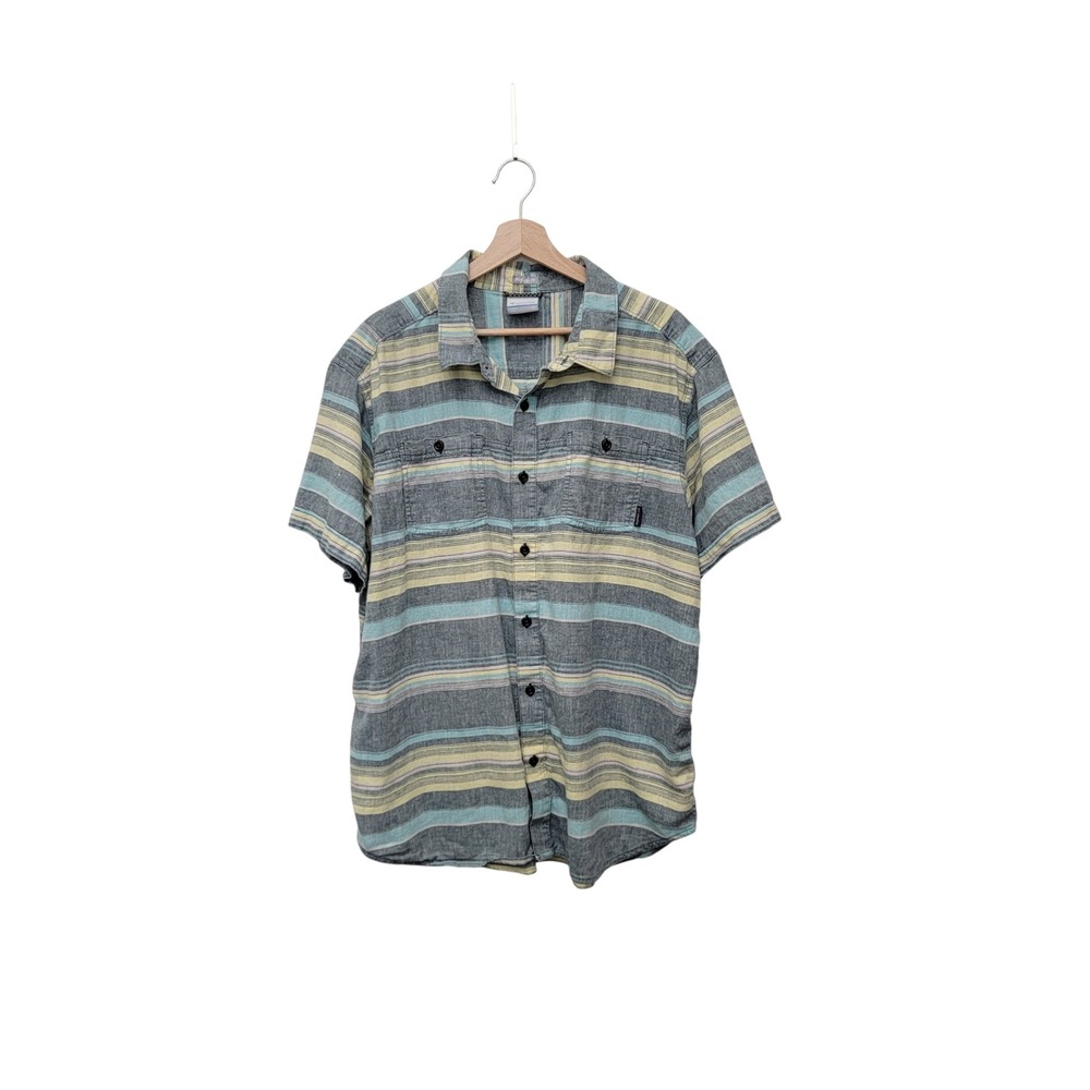 Columbia Hemp Blend Button Up Shirt Mens XL Blue Yellow‎ Stripe Short Sleeve
